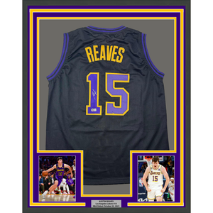 Framed Autographed/Signed Austin Reaves 35x39 Los Angeles LA Black City Edition Basketball Jersey Beckett BAS COA