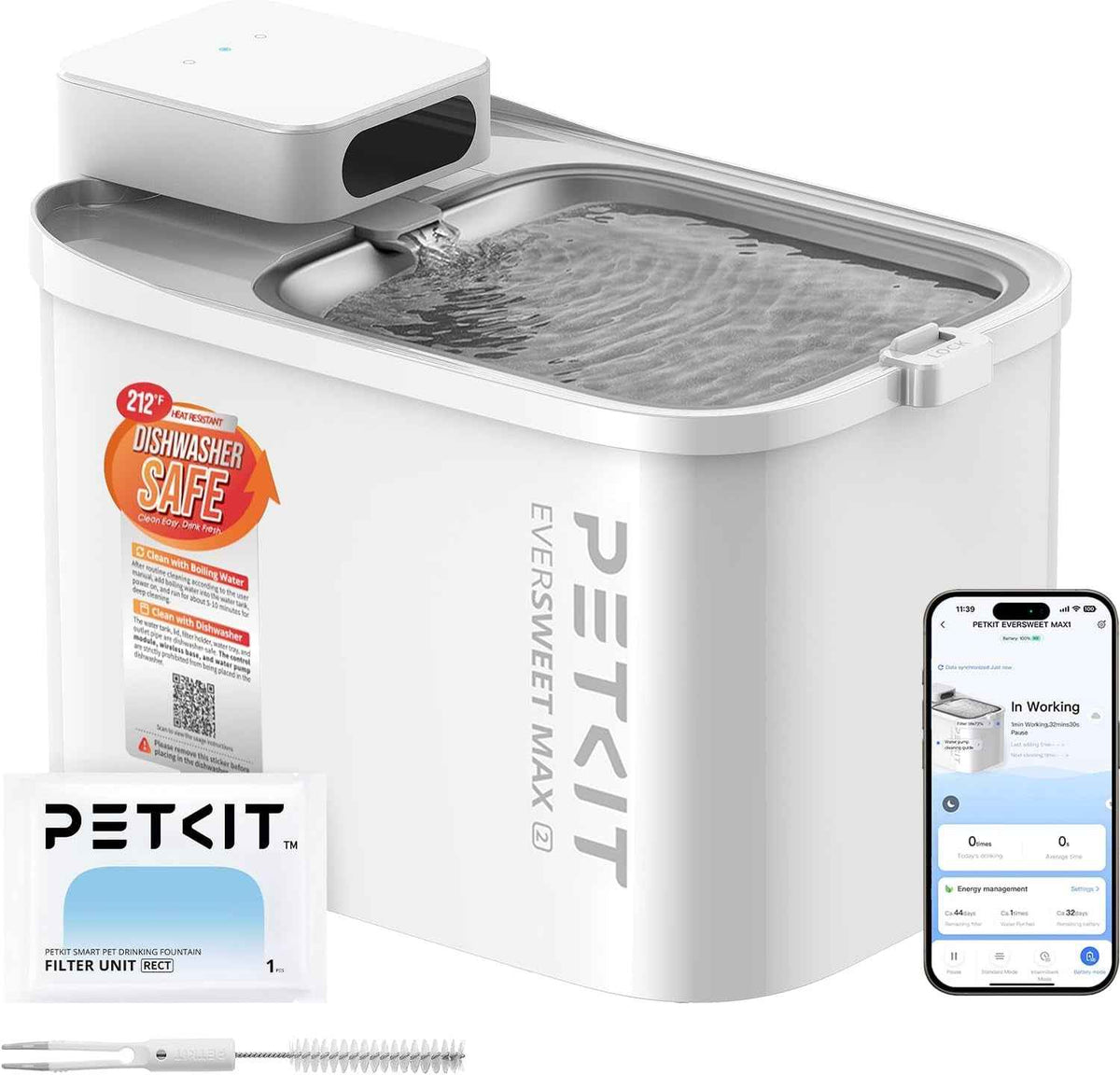 Automatic Pet Water Fountain Cordless App Control Quiet 3L Cats Dogs Small Pets