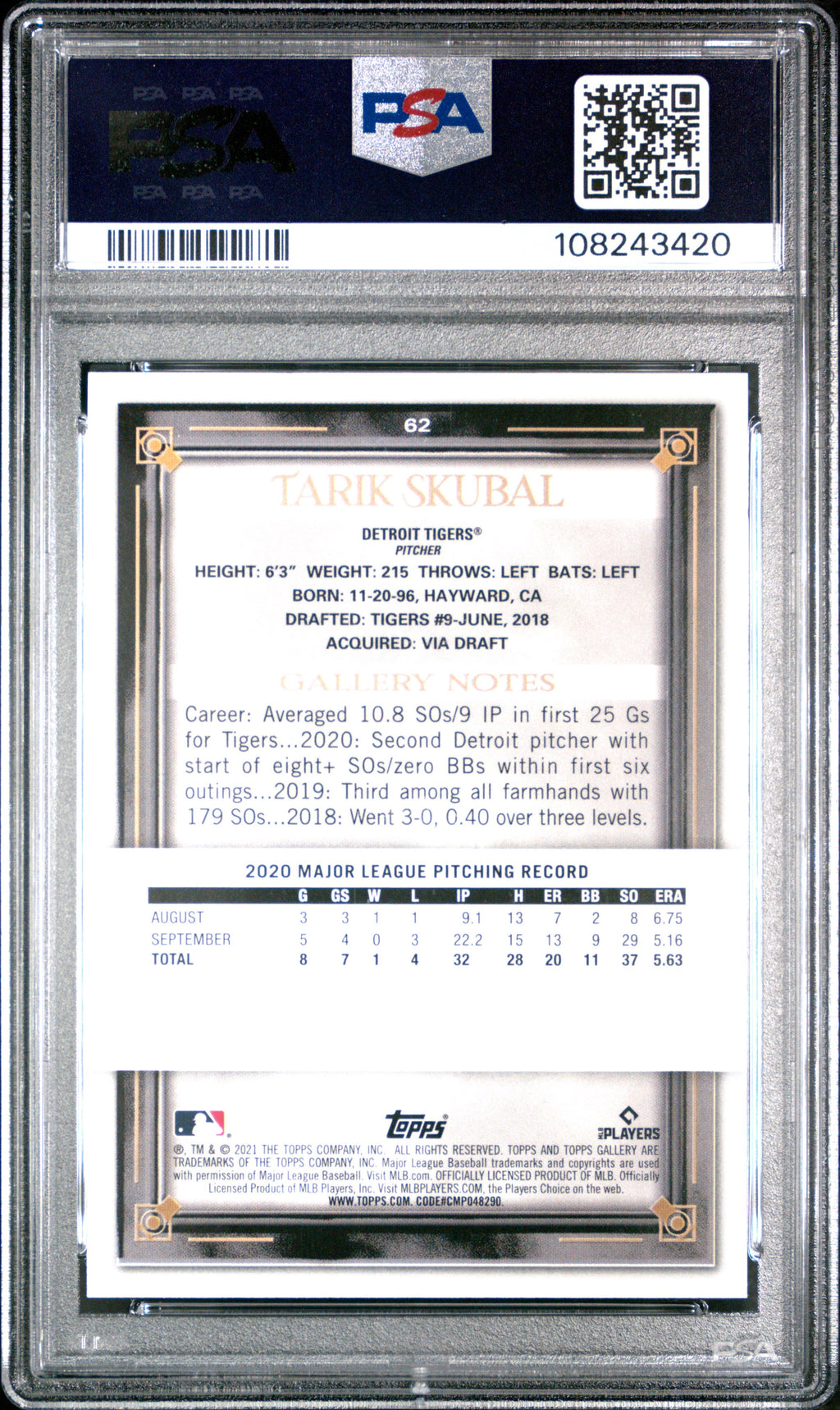 Graded 2021 Topps Gallery Tarik Skubal #62 Rookie RC Baseball Card PSA 10 Gem Mint