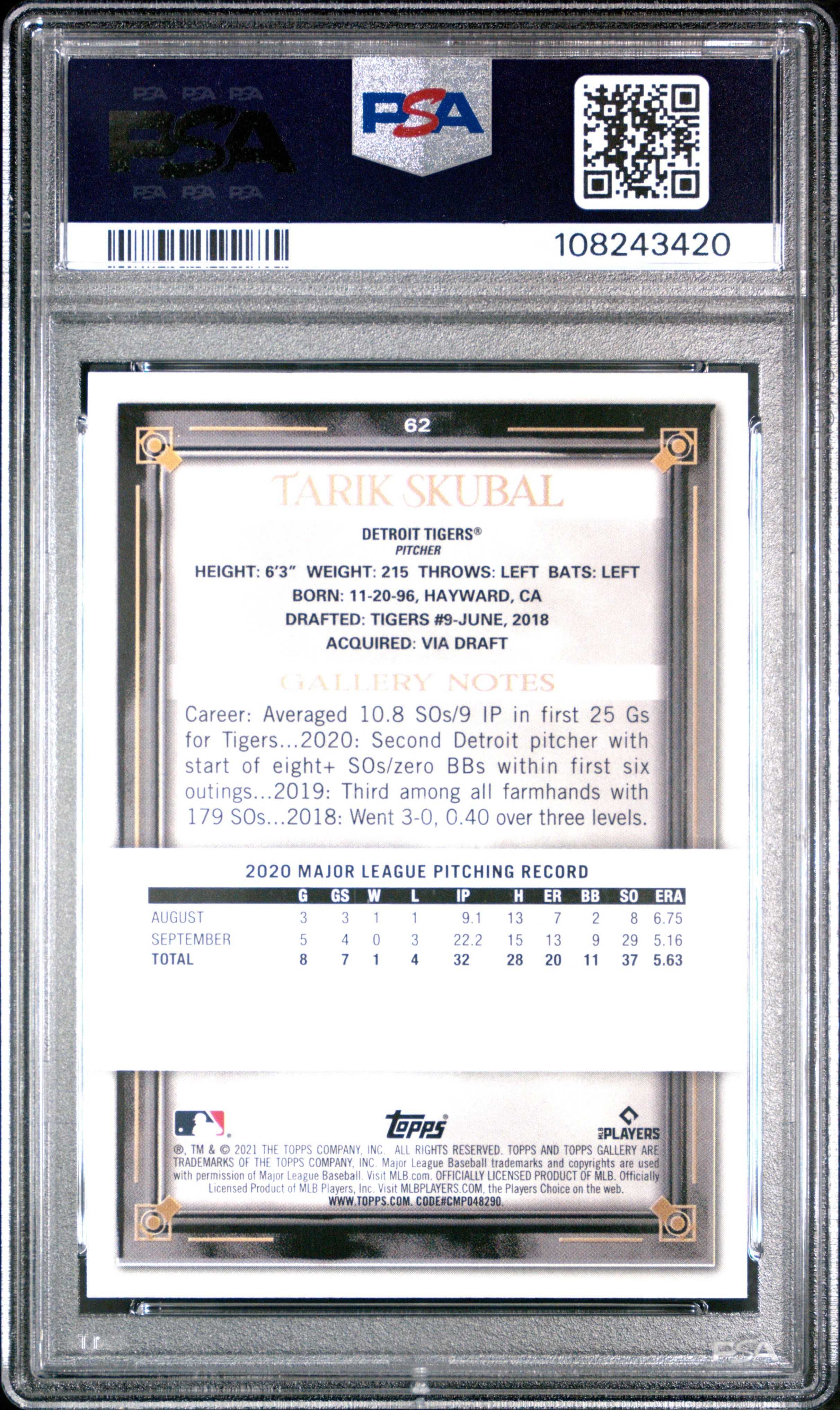 Graded 2021 Topps Gallery Tarik Skubal #62 Rookie RC Baseball Card PSA 10 Gem Mint