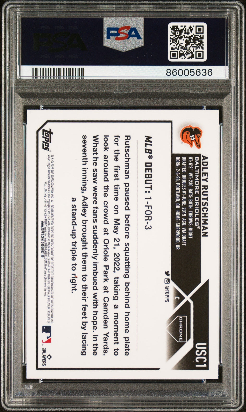 Graded 2023 Topps Chrome Update Adley Rutschman #USC1 Refractor Rookie RC Baseball Card PSA 10 Gem Mint