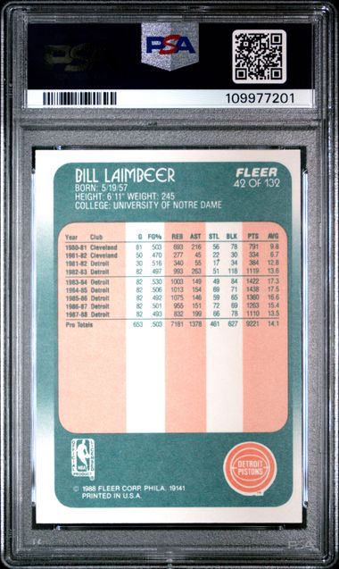 Graded 1988 Fleer Bill Laimbeer #42 Basketball Card PSA 8 NM-MT
