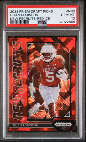Graded 2023 Panini Prizm Draft Picks Bijan Robinson #NR3 New Recruits Red Ice Rookie RC Football Card PSA 10 Gem Mint