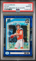 Graded 2024 Panini Donruss Bo Nix #369 Optic Preview Blue Scope Rookie RC Football Card PSA 10 Gem Mint