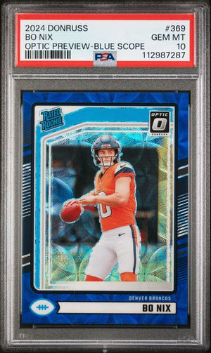 Graded 2024 Panini Donruss Bo Nix #369 Optic Preview Blue Scope Rookie RC Football Card PSA 10 Gem Mint