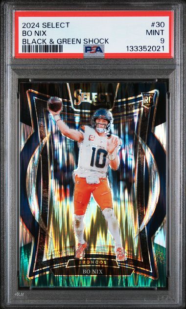 Graded 2024 Panini Select Bo Nix #30 Black & Green Shock Rookie RC Football Card PSA 9 Mint