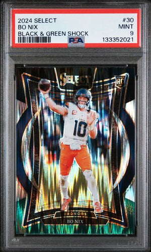 Graded 2024 Panini Select Bo Nix #30 Black & Green Shock Rookie RC Football Card PSA 9 Mint