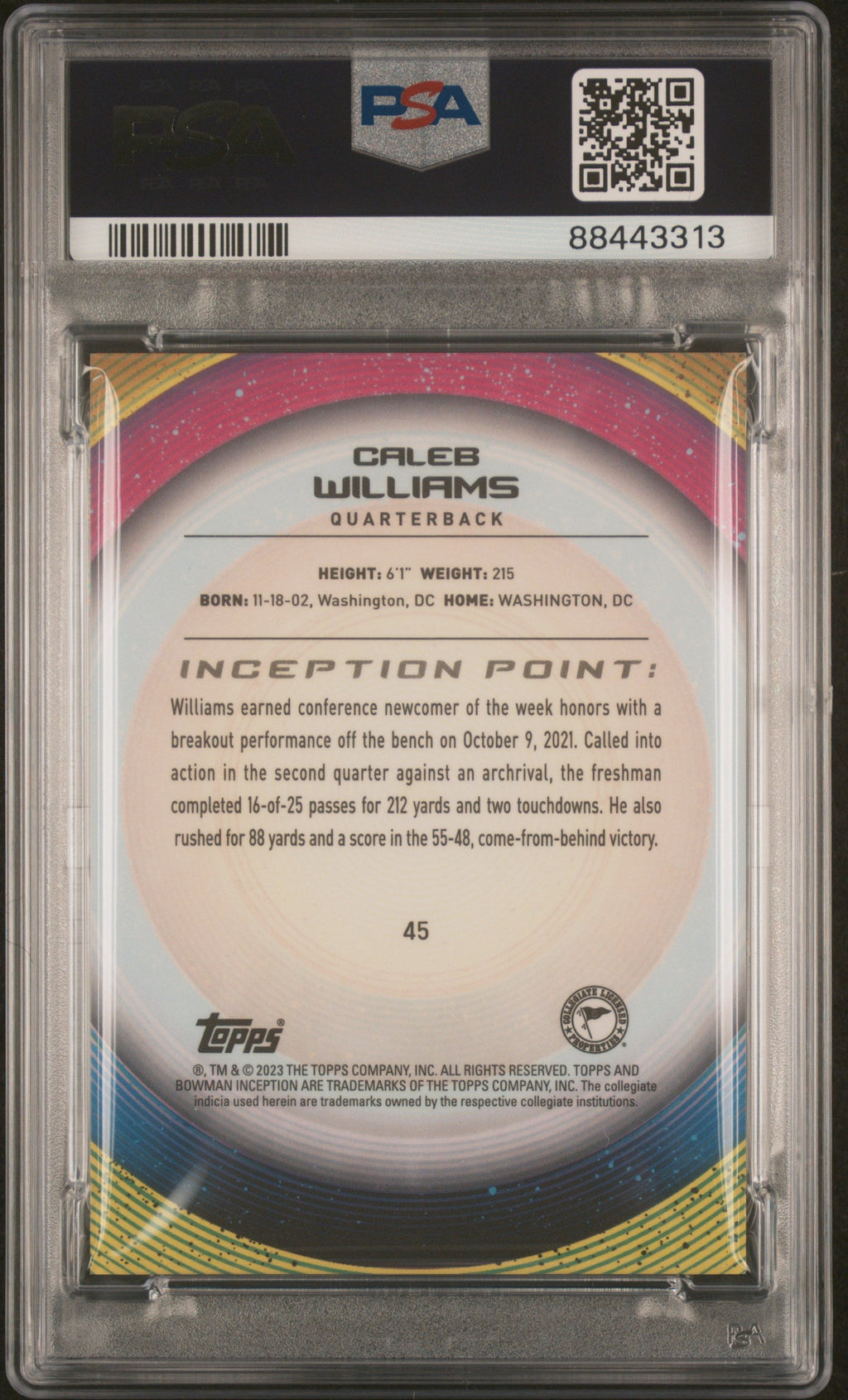 Graded 2022 Topps Bowman U Inception Caleb Williams #45 Rookie RC Football Card PSA 10 Gem Mint