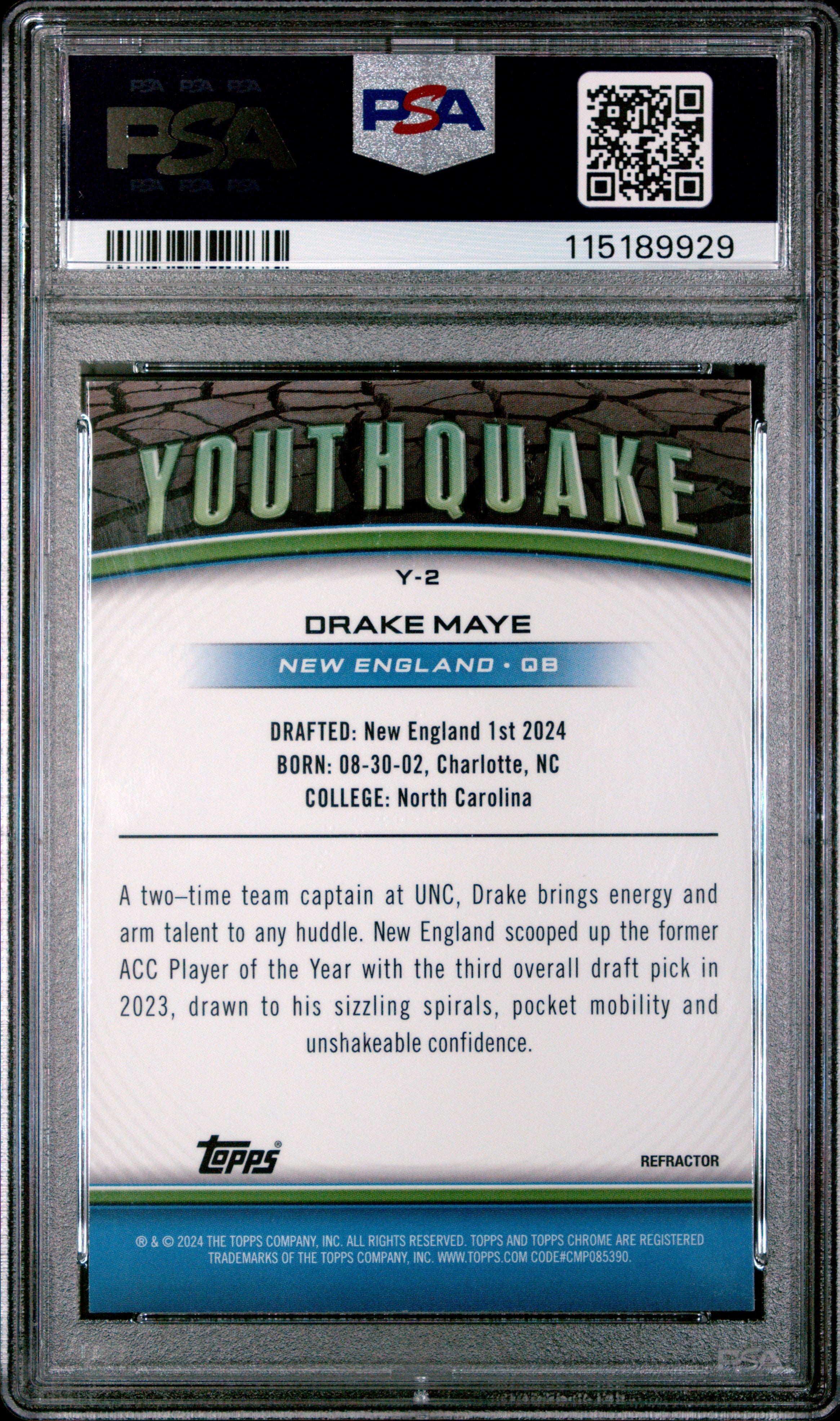 Graded 2024 Topps Chrome Drake Maye #Y2 Youthquake Refractor Rookie RC Football Card PSA 10 Gem Mint