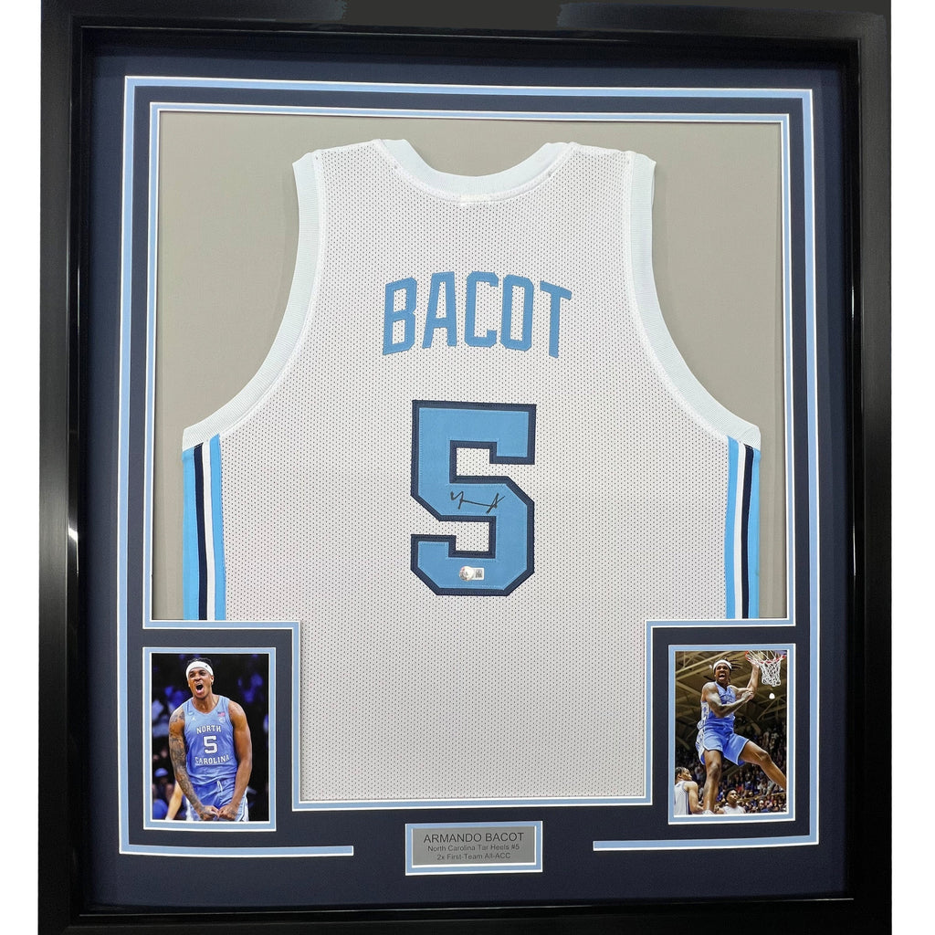 Framed Autographed/Signed Armando Bacot 35x39 UNC North Carolina White College Basketball Jersey Beckett BAS COA