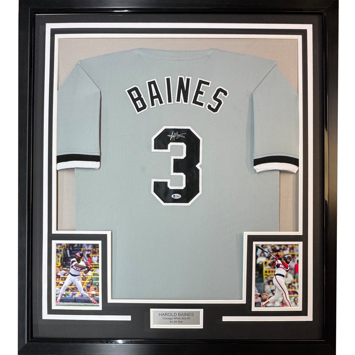 Framed Autographed/Signed Harold Baines 35x39 Chicago Grey Baseball Jersey Beckett BAS COA