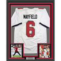 Framed Autographed/Signed Baker Mayfield 35x39 Tampa Bay White Football Jersey Beckett BAS COA