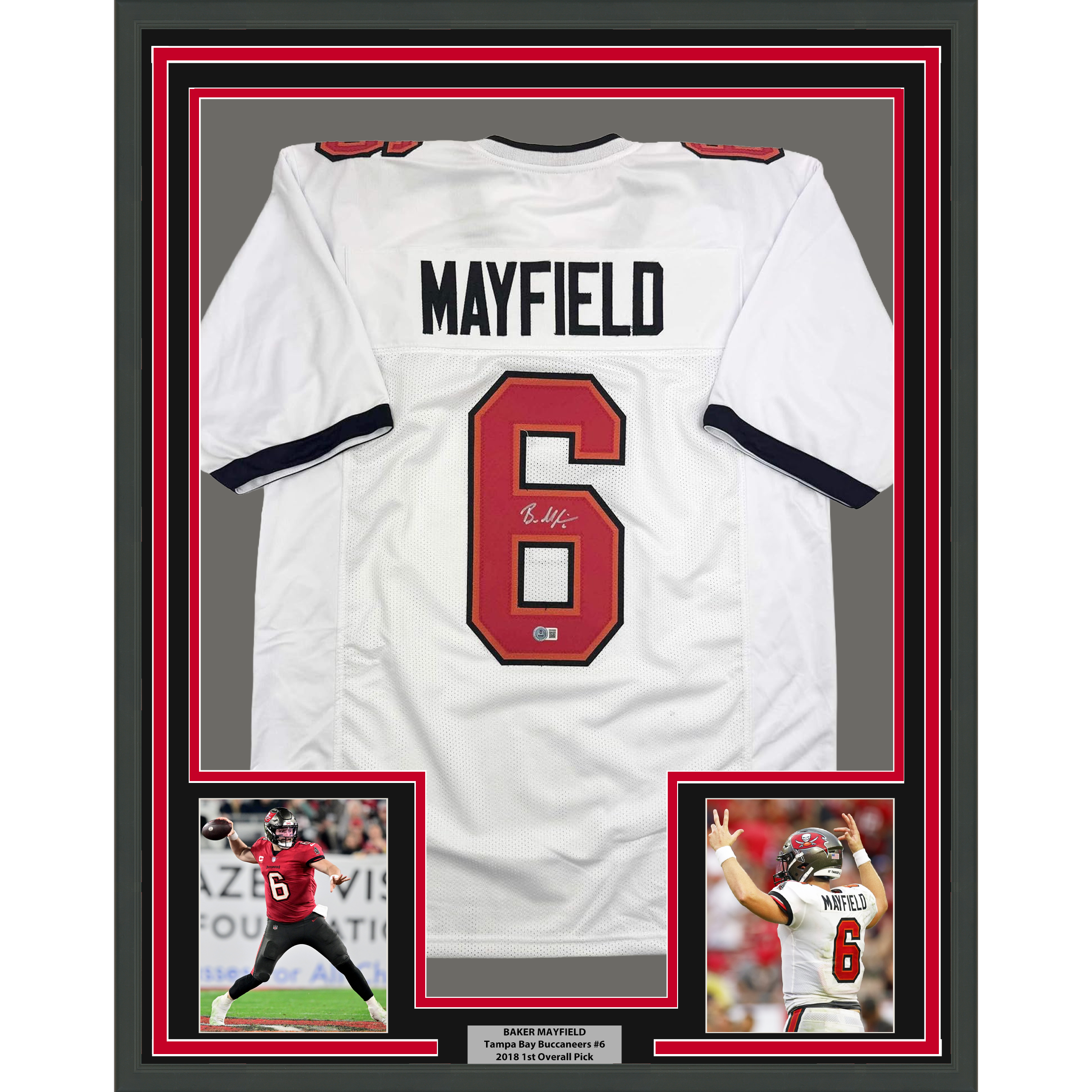 Framed Autographed/Signed Baker Mayfield 35x39 Tampa Bay White Football Jersey Beckett BAS COA