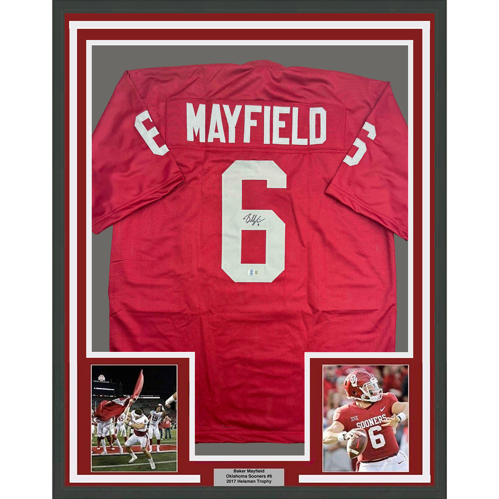 Framed Autographed/Signed Baker Mayfield 35x39 Oklahoma Crimson College Football Jersey Beckett BAS COA