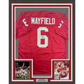 Framed Autographed/Signed Baker Mayfield 35x39 Oklahoma Crimson College Football Jersey Beckett BAS COA