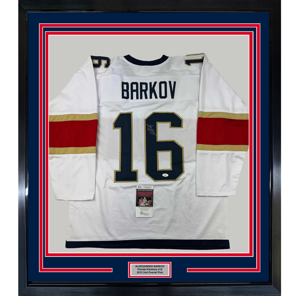 Framed Autographed/Signed Aleksander Barkov 35x39 Florida White Hockey Jersey JSA COA