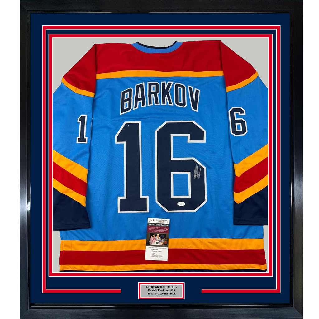 Framed Autographed/Signed Aleksander Barkov 35x39 Florida Blue Reverse Retro Hockey Jersey Beckett BAS COA