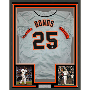 Framed Autographed/Signed Barry Bonds 35x39 San Francisco Grey Baseball Jersey JSA COA