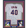 Framed Autographed/Signed Bartolo Colon 35x39 Inscribed Big Sexy New York Pinstripe Baseball Jersey Beckett BAS COA