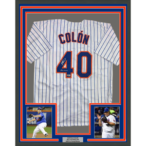 Framed Autographed/Signed Bartolo Colon 35x39 Inscribed Big Sexy New York Pinstripe Baseball Jersey Beckett BAS COA