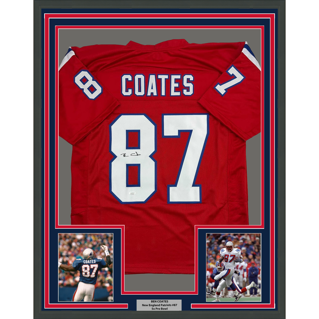 Framed Autographed/Signed Ben Coates 35x39 New England Red Football Jersey JSA COA
