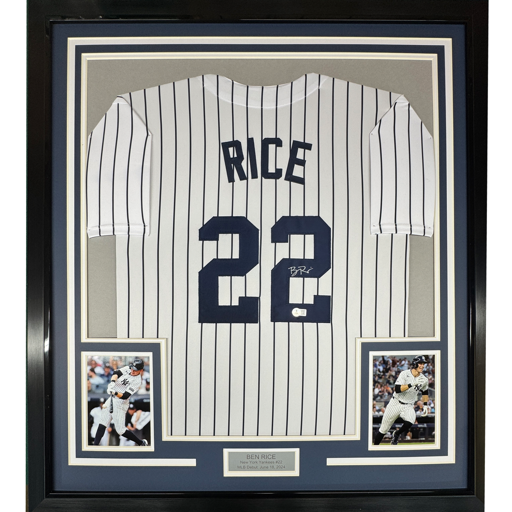 Framed Autographed/Signed Ben Rice 35x39 New York Pinstripe Baseball Jersey JSA COA