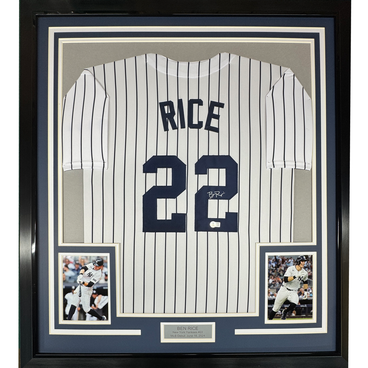 Framed Autographed/Signed Ben Rice 35x39 New York Pinstripe Baseball Jersey JSA COA