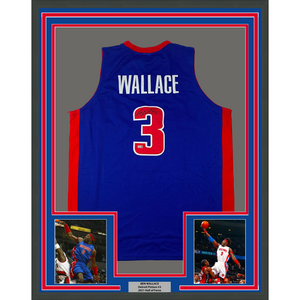 Framed Autographed/Signed Ben Wallace 35x39 Detroit Blue Basketball Jersey Steiner COA