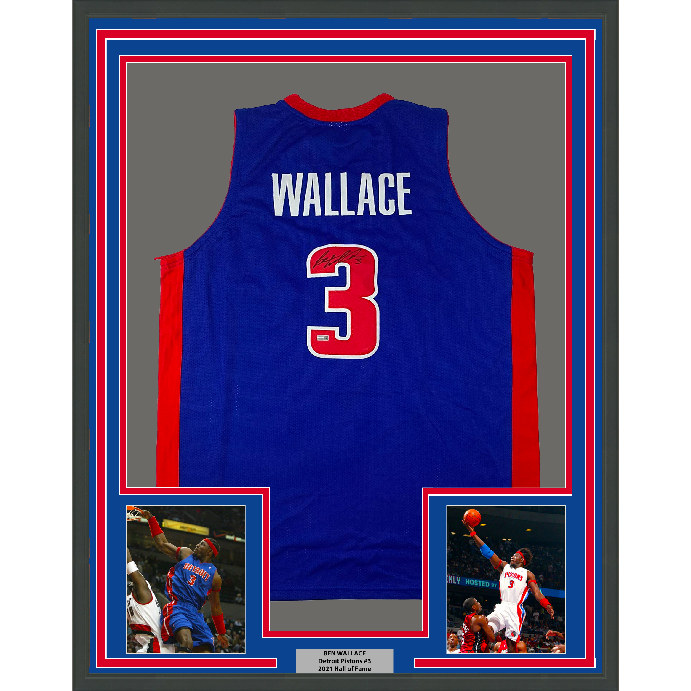 Framed Autographed/Signed Ben Wallace 35x39 Detroit Blue Basketball Jersey Steiner COA