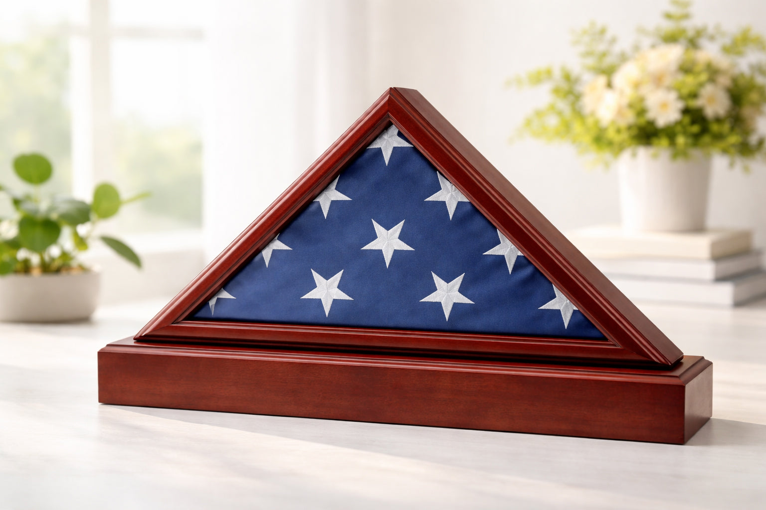 Burial/Funeral Flag Display Case Frame, Military Shadow Box with Pedestal Stand - Cherry