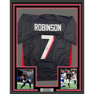 Framed Autographed/Signed Bijan Robinson 35x39 Atlanta Black Football Jersey Beckett BAS COA