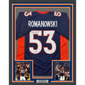 Framed Autographed/Signed Bill Romanowski 35x39 Denver Blue Football Jersey Beckett BAS COA