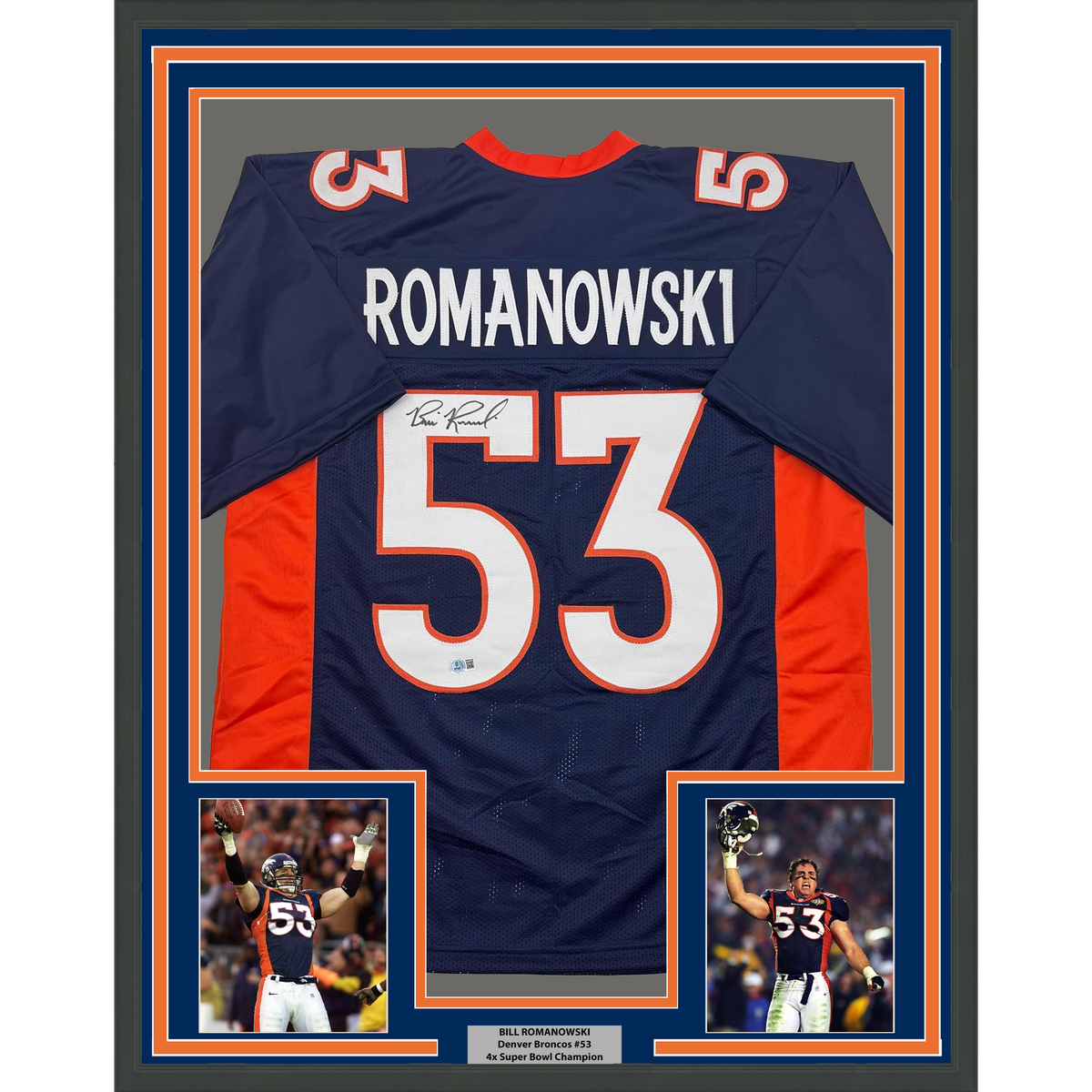 Framed Autographed/Signed Bill Romanowski 35x39 Denver Blue Football Jersey Beckett BAS COA