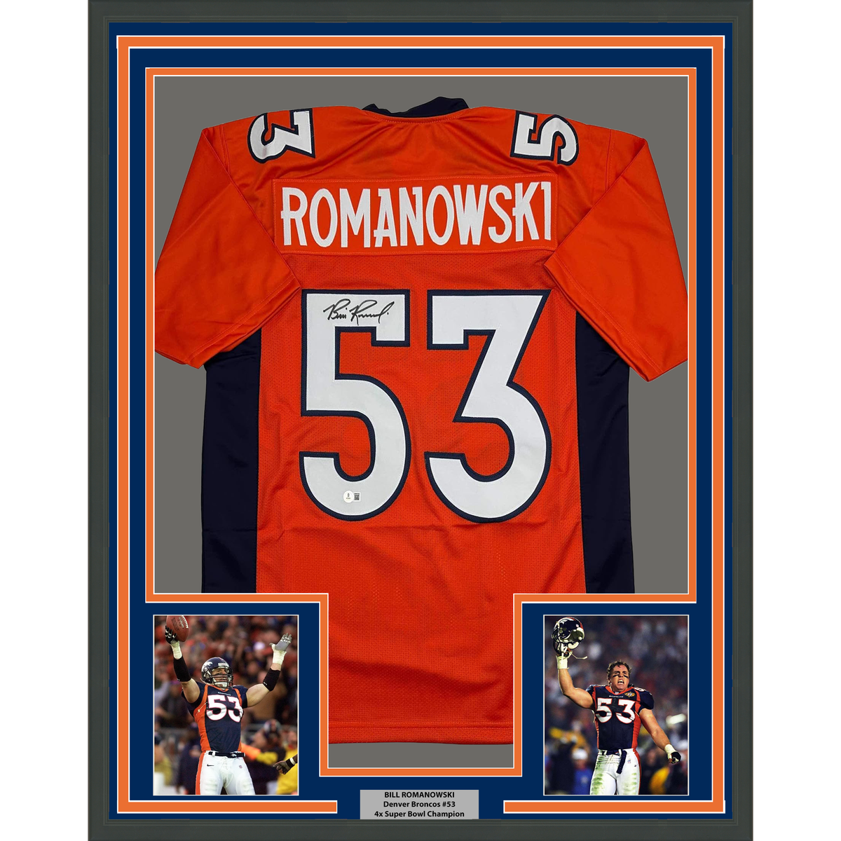 Framed Autographed/Signed Bill Romanowski 35x39 Denver Orange Football Jersey Beckett BAS COA