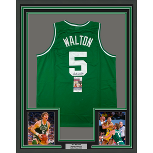 Framed Autographed/Signed Bill Walton 35x39 Boston Green Basketball Jersey JSA COA