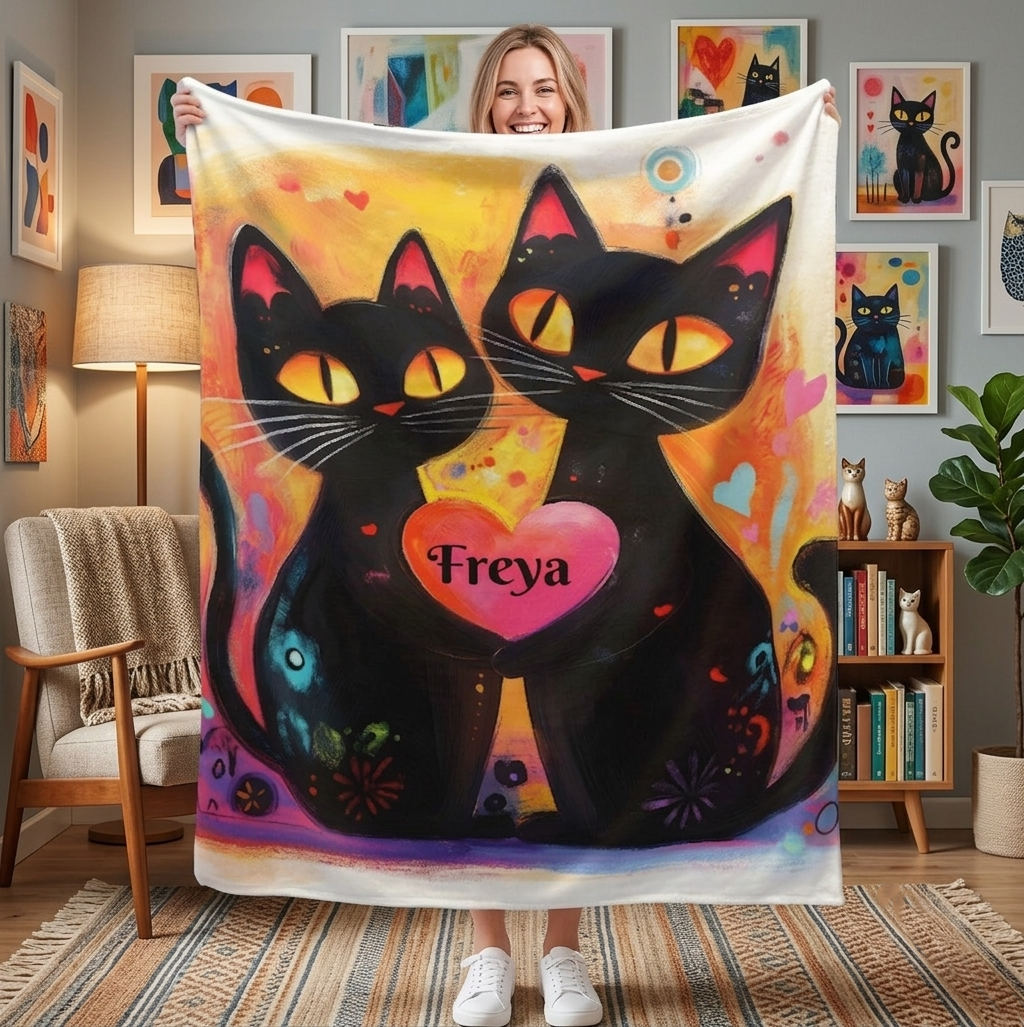 Personalized Black Cats Heart Blanket | Custom Name Gift