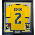 Framed Autographed/Signed Blake Corum 35x39 Michigan Yellow College Football Jersey Beckett BAS COA