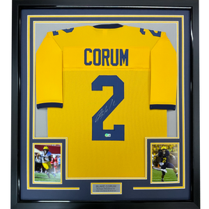 Framed Autographed/Signed Blake Corum 35x39 Michigan Yellow College Football Jersey Beckett BAS COA