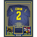 Framed Autographed/Signed Blake Corum Michigan 35x39 Blue Stat College Football Jersey Beckett BAS COA