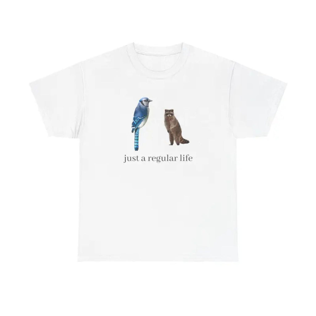 Blue Jay & Raccoon "Just a Regular Life" T-Shirt – Retro Cartoon Style Graphic Tee, Unisex Cotton Shirt
