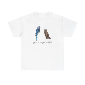 Blue Jay & Raccoon "Just a Regular Life" T-Shirt – Retro Cartoon Style Graphic Tee, Unisex Cotton Shirt