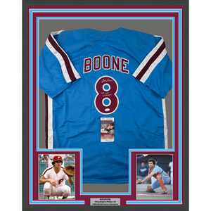 Framed Autographed/Signed Bob Boone 35x39 80 WS Champs Philadelphia Retro Blue Baseball Jersey JSA COA