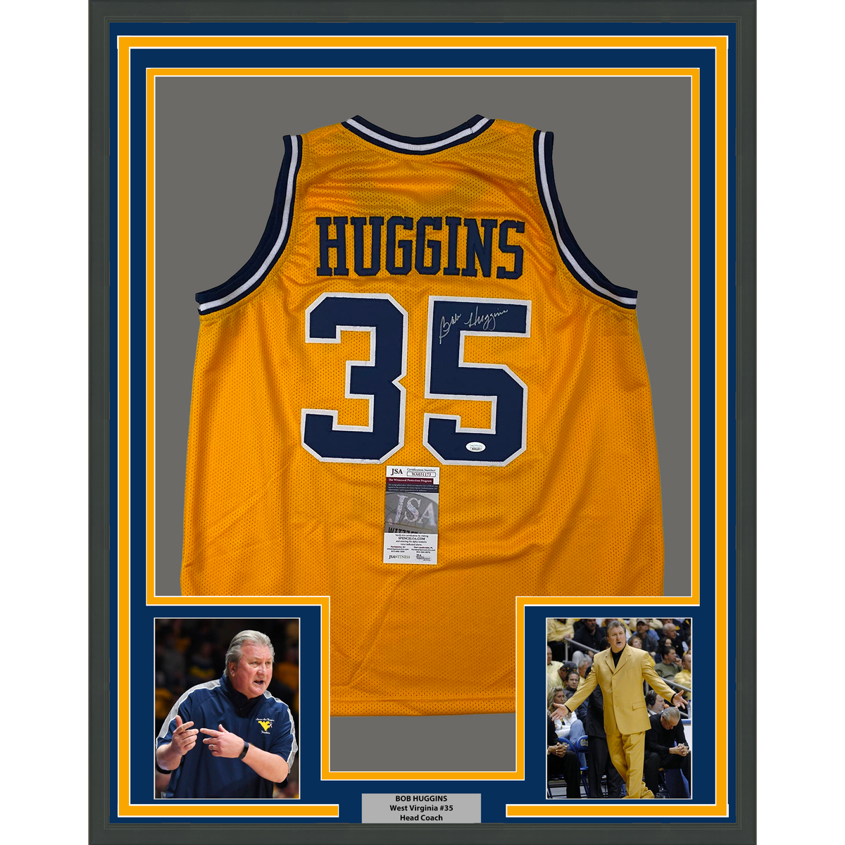 Framed Autographed/Signed Bob Huggins 35x39 West Virginia Yellow College Basketball Jersey JSA COA