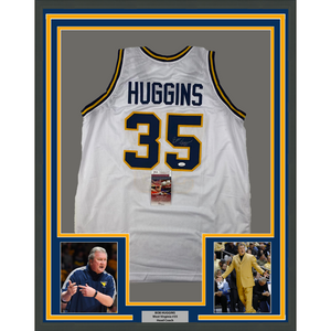 Framed Autographed/Signed Bob Huggins 35x39 West Virginia White College Basketball Jersey JSA COA