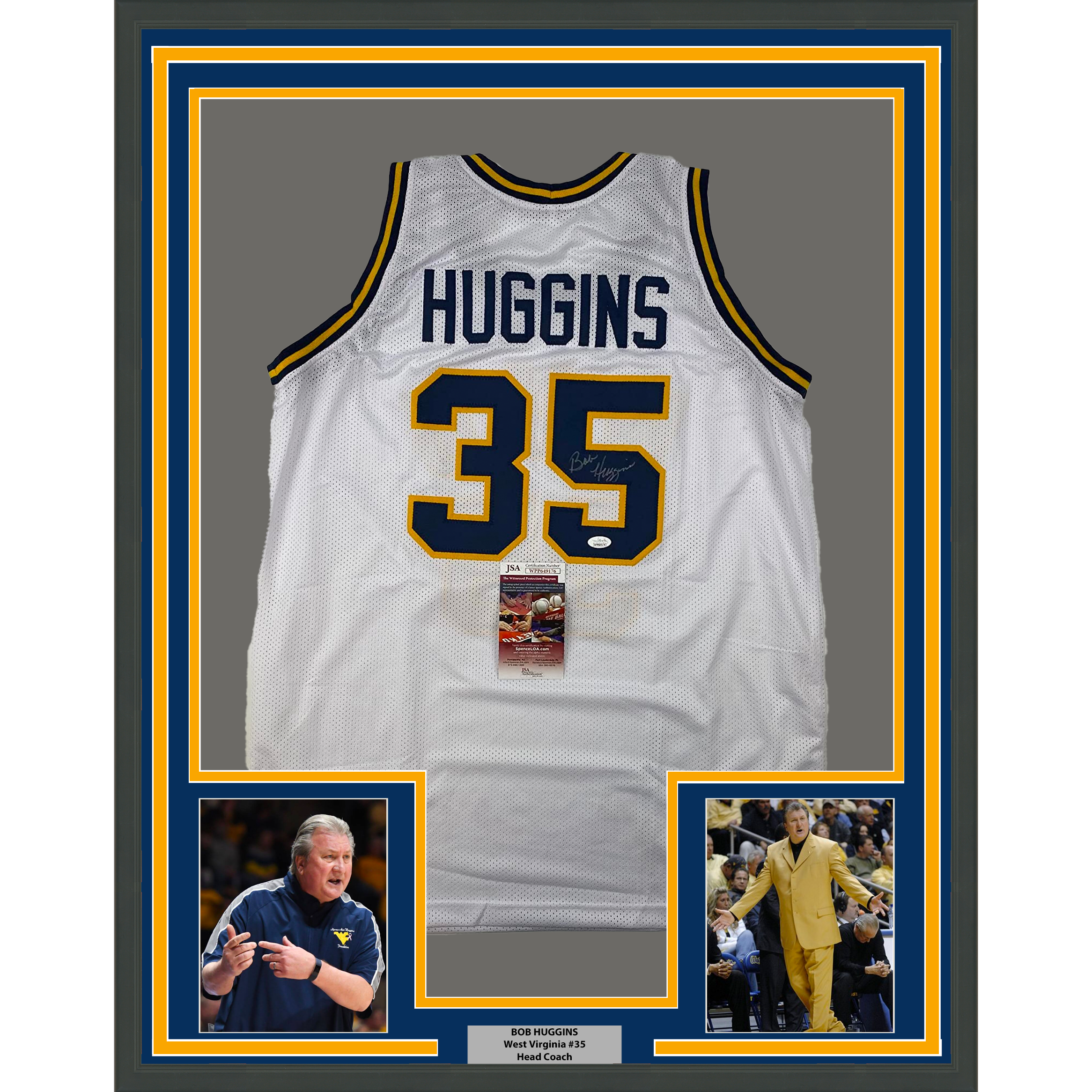 Framed Autographed/Signed Bob Huggins 35x39 West Virginia White College Basketball Jersey JSA COA