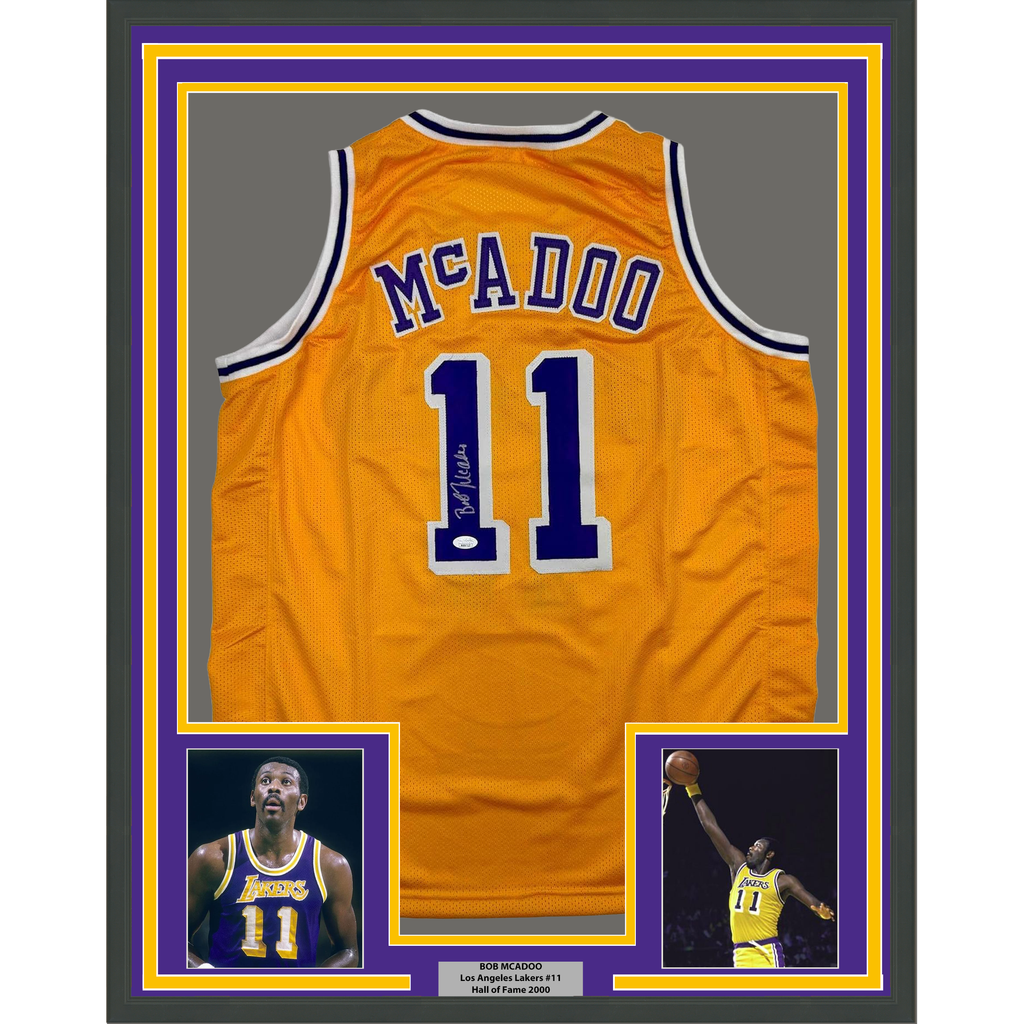 Framed Autographed/Signed Bob McAdoo 35x39 Los Angeles Yellow Basketball Jersey JSA COA