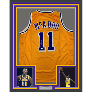 Framed Autographed/Signed Bob McAdoo 35x39 Los Angeles Yellow Basketball Jersey JSA COA