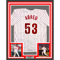 Framed Autographed/Signed Bobby Abreu 35x39 Philadelphia Pinstripe Baseball Jersey Beckett BAS COA