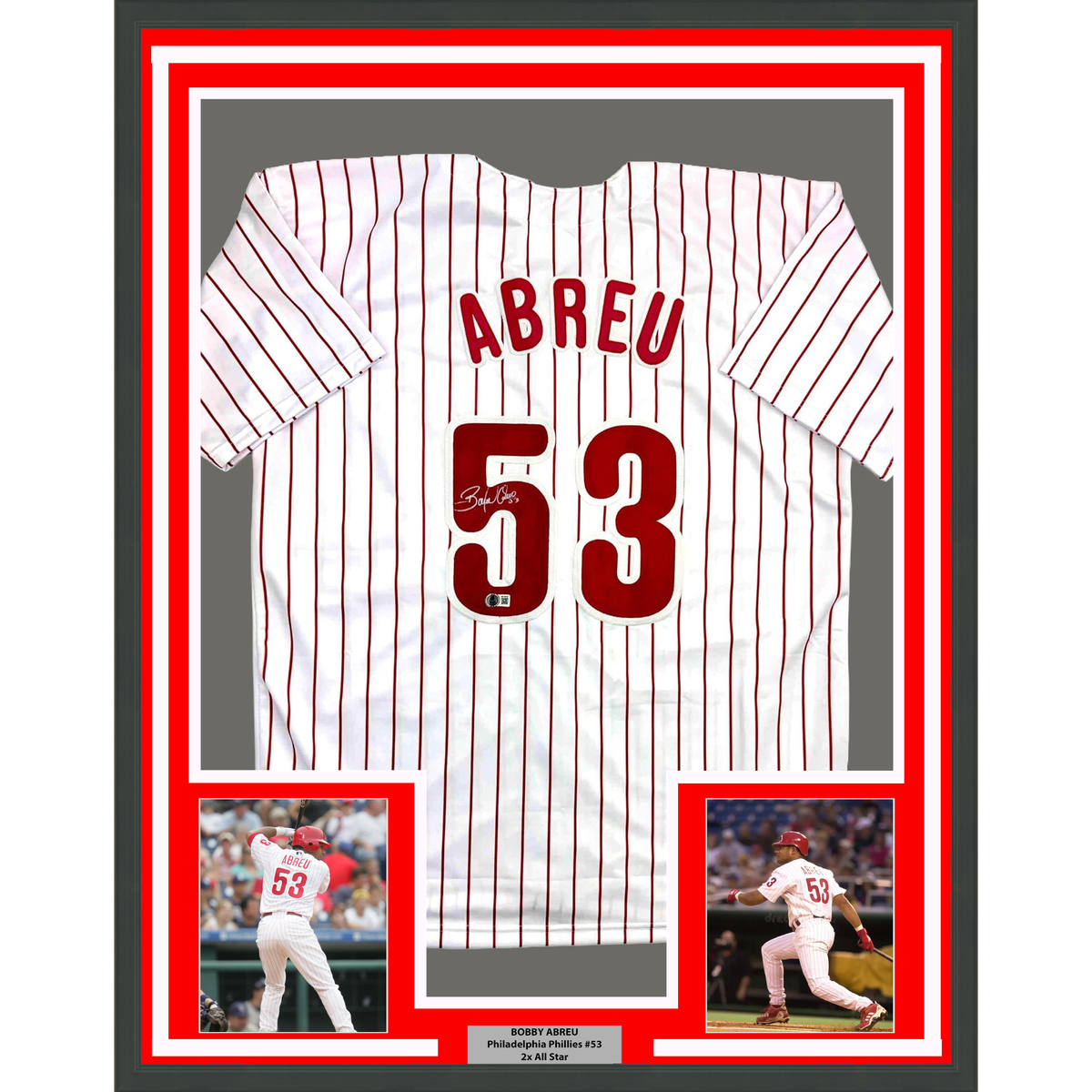 Framed Autographed/Signed Bobby Abreu 35x39 Philadelphia Pinstripe Baseball Jersey Beckett BAS COA