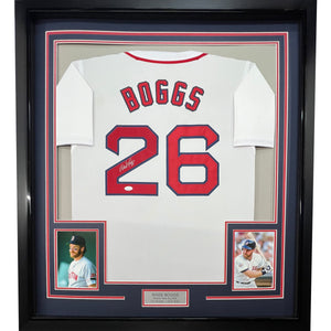 Framed Autographed/Signed Wade Boggs 35x39 Boston White Baseball Jersey JSA COA